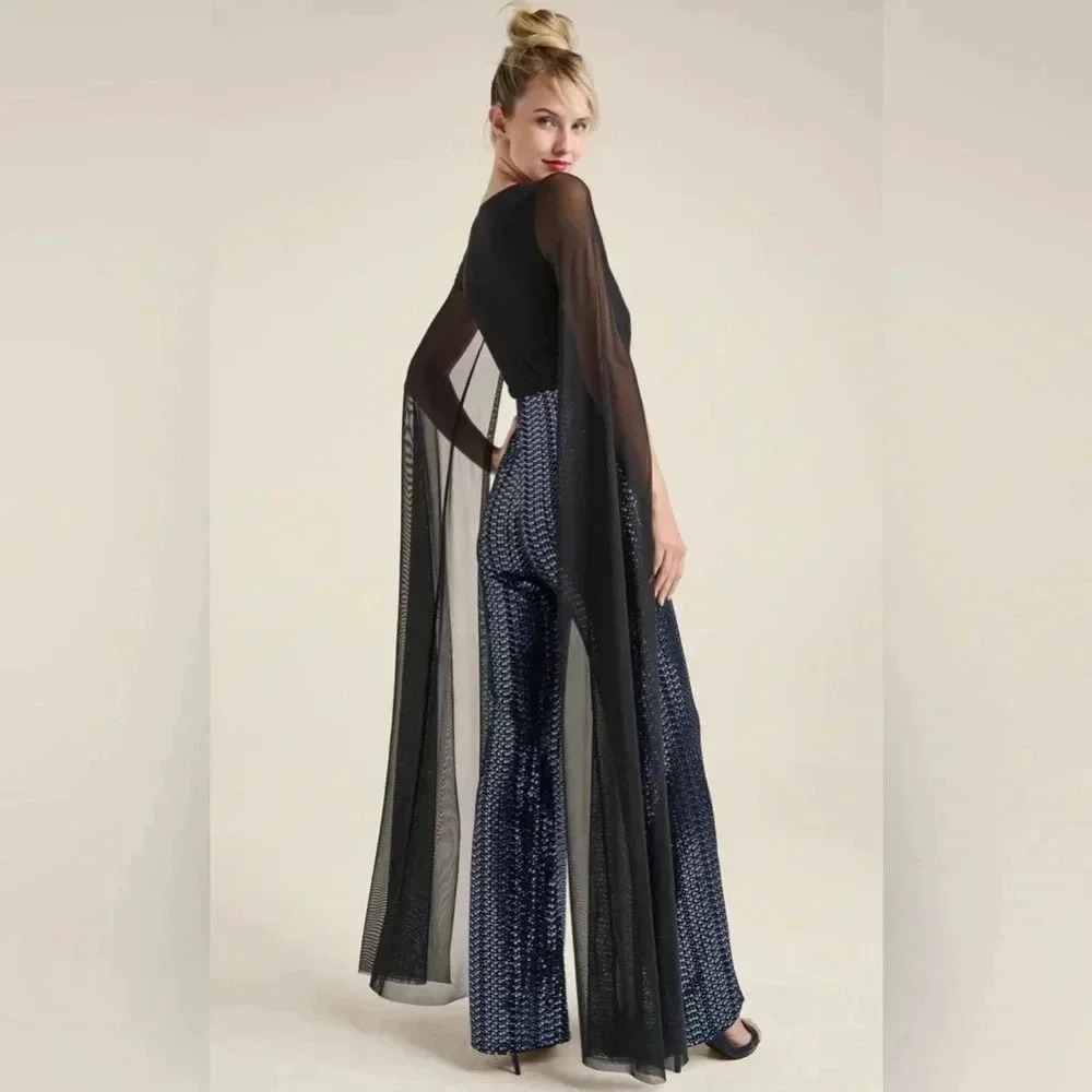 VENUS Black Sheer-Sleeve Jumpsuit with Navy Patterned Pants